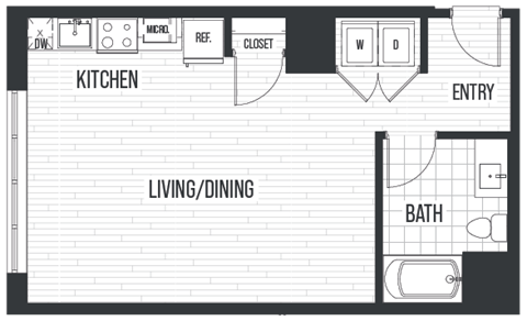 Floor Plan SB. A studio, one bath floor plan at The Quincy in Downtown Denver.